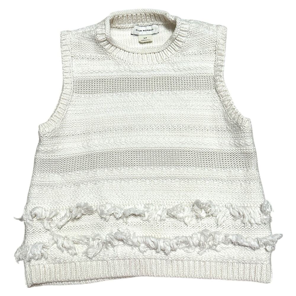 Club Monaco White Textured Fringe Sleeveless Knit Sweater Top Women's S Boho